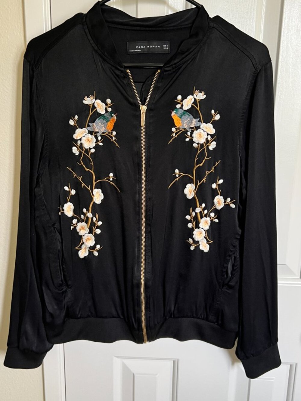 Zara Floral Embroidered Bomber Jacket 4043/083, Black, Size S